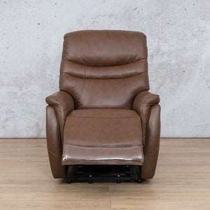 Front view of the Seattle Leather Recliner Chair in brown saddle leather. Perfect for lounge suites and bedrooms. 