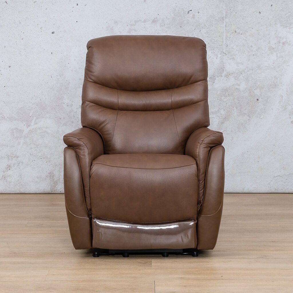 Front view of the Seattle Leather Recliner Chair in brown leather, featuring an electronic lift and tilt recliner mechanism.