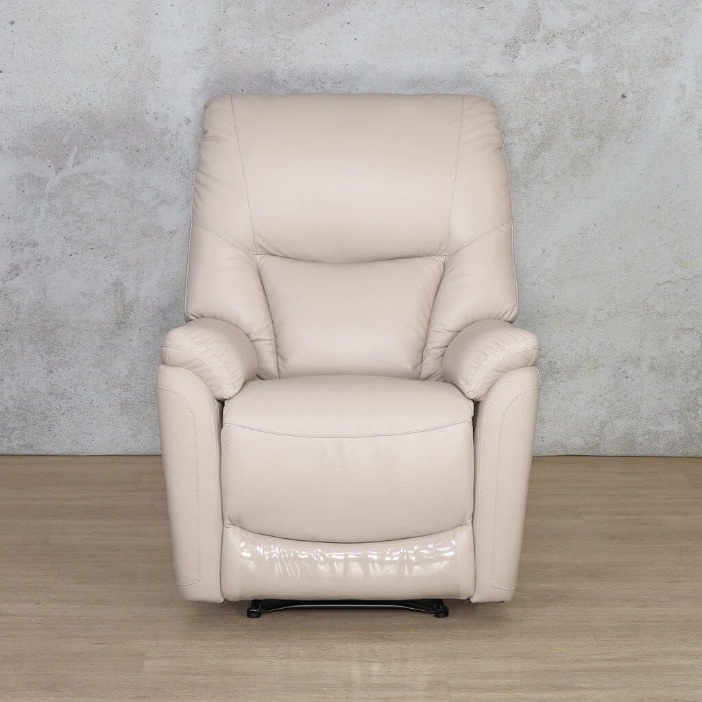 A front-facing view of the single recliner chair in Imperial Beige, showcasing its plush seating, soft leather upholstery, and elegant design.