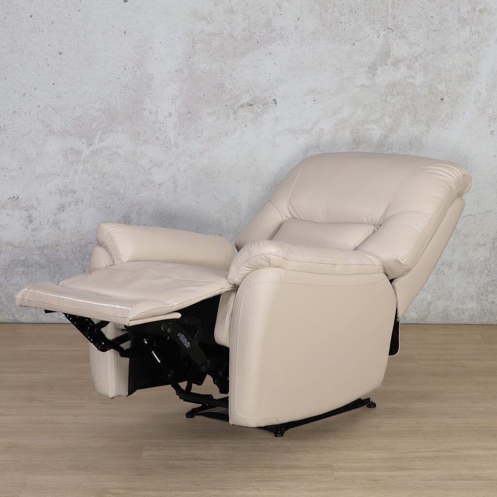 The single recliner chair reclined in a fully reclined position in Imperial Beige, demonstrating the extended footrest and comfortable reclining angle.