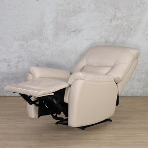 The single recliner chair reclined in a fully reclined position in Imperial Beige, demonstrating the extended footrest and comfortable reclining angle.