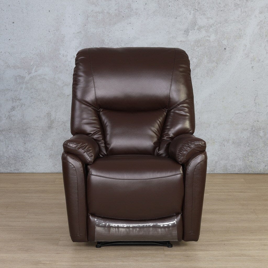 A front-facing shot of the single recliner chair in Imperial Chocolate, showcasing its rich, dark leather finish and luxurious seating.