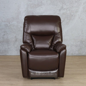 A front-facing shot of the single recliner chair in Imperial Chocolate, showcasing its rich, dark leather finish and luxurious seating.